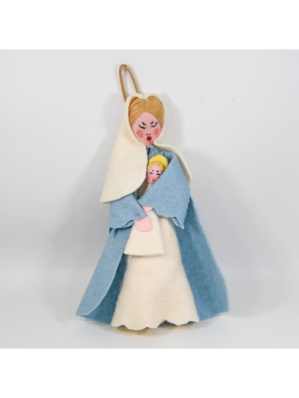 Vintage Felt Christmas Ornament Mary and Baby Jesus Handmade Embroidery 1960s 4"